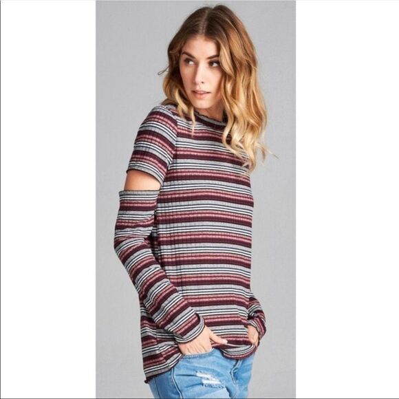 MULTI-COLORED KNIT SWEATER WINE RED TOP - Picture 4 of 8